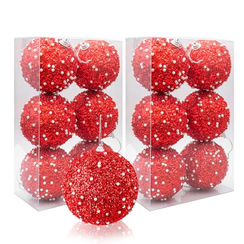 Red 12-Pack Foam Christmas Ball Ornaments with Glitter – 3.15" Hanging Xmas & New Year Decor (Variation: Red)