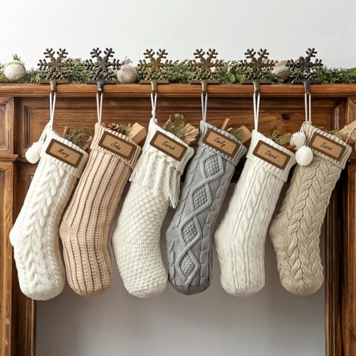 Pawliss White Gray Beige 18in Cable Knit Christmas Stockings (6 Pack) Farmhouse Rustic Personalised