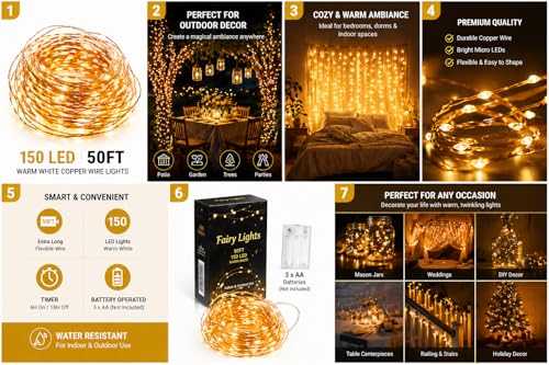 150 LED Fairy String Lights 50Ft Warm White Copper Wire Indoor Outdoor Decor