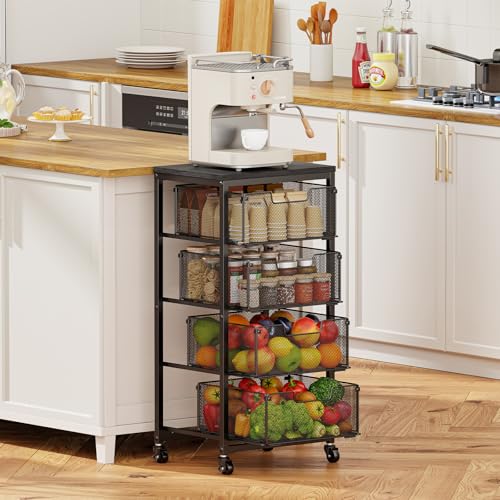 4-Tier Rolling Kitchen Storage Cart with Wooden Top & Wire Baskets