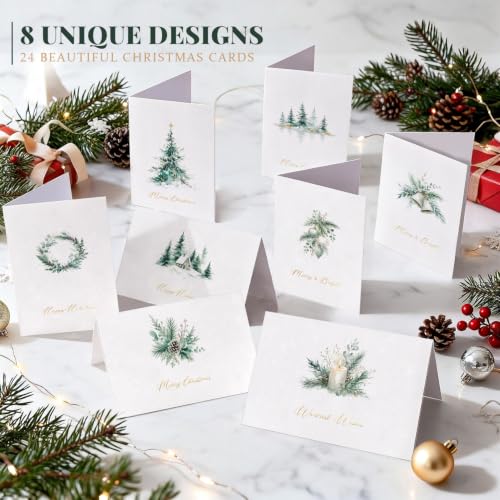 Roosyo 24 Pack Christmas Cards with Envelopes, 8 Watercolor Designs, Gold Foil, 4 x 6 in – Variation: 24 Pack Watercolor