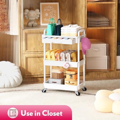 White 3-Tier Makeup Cart Organizer with Drawer - Rolling Vanity Storage