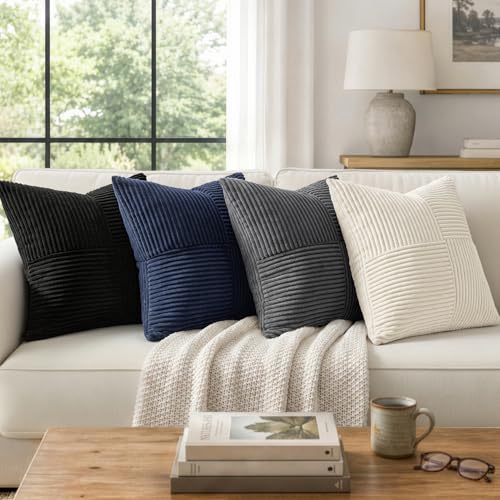 Black Corduroy Throw Pillow Covers 18x18 Inch, Set of 2 Patchwork Cushion Cases
