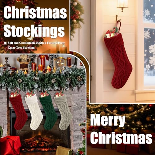 18 Inch Cable Knitted Christmas Stockings for Mantel & Holiday Decor