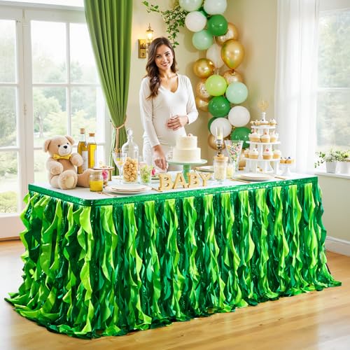 9ft Green Sequin Curly Willow Table Skirt for Tropical Party Decor