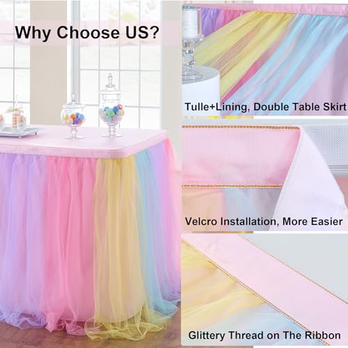 6ft Rainbow Tulle Table Skirt for Rectangle Tables, Pastel Ruffle Tutu Decor