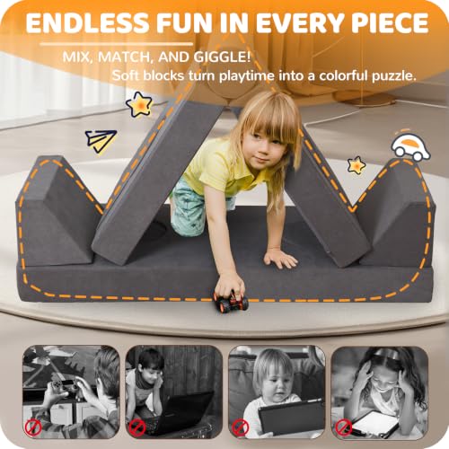 12-Piece Modular Kids Play Couch, Grey Soft Foam Toddler Sofa