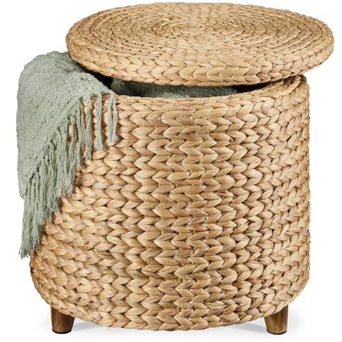 17-Inch Round Woven Water Hyacinth Storage Ottoman with Lid and Wooden Legs