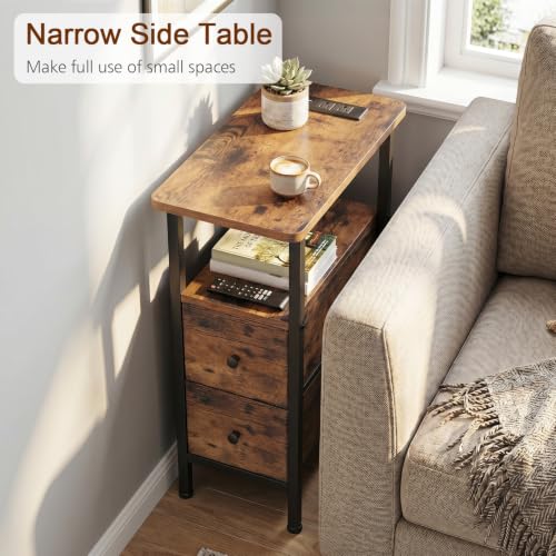 Narrow End Table with Charging Station & Fabric Drawers - Rustic Brown