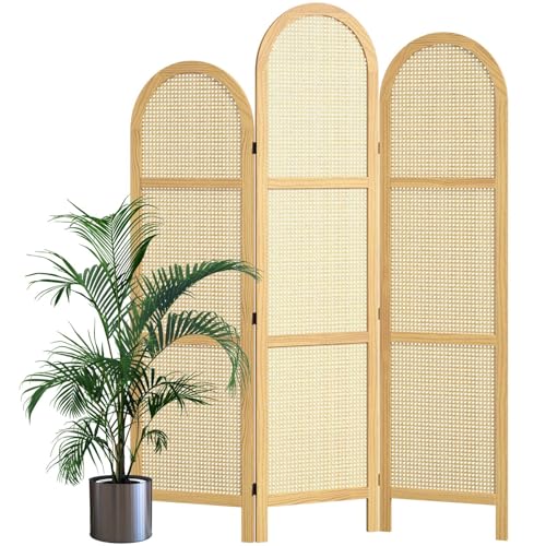 3-Panel Hand-Woven Rattan Room Divider, Tall Foldable Privacy Screen
