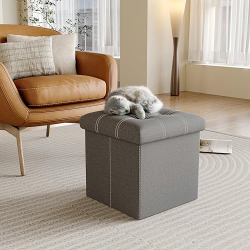 15-Inch Foldable Storage Ottoman, Linen-Look Foot Rest with Hidden Storage