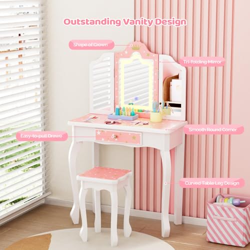 Kids Vanity Set with Mirror and Chair - Pink Makeup Dressing Table