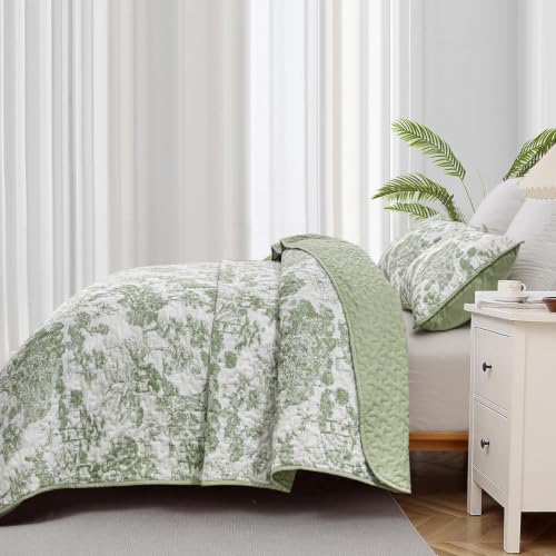Sage Green Botanical Quilt Set - Queen 3-Piece Reversible Floral Coverlet