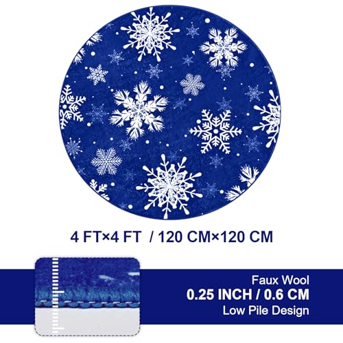 Blue 4ft Christmas Snowflake Round Rug - Washable Non-Slip Holiday Decor