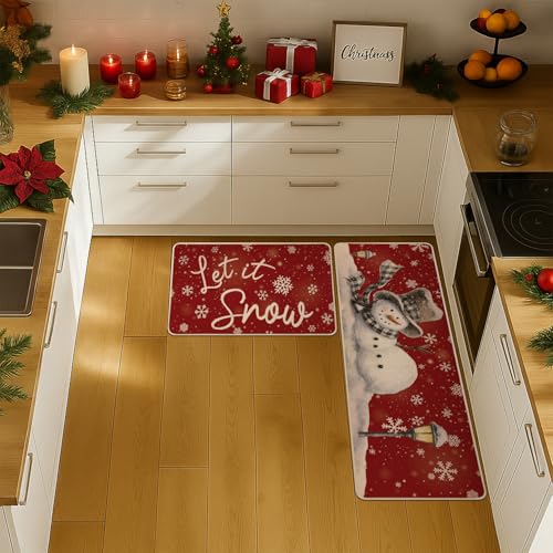 Siilues Red Christmas Kitchen Mat Set of 2, 17x29 and 17x47 Non-Slip Snowman Rugs