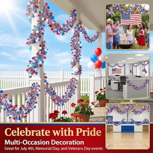 Patriotic Tinsel Garland 5-Pack (32.8 ft) - Red White & Blue Metallic Star Decor