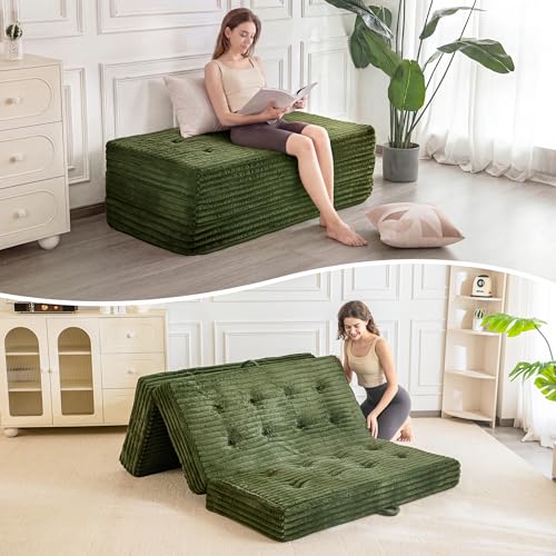 6-Inch Tri-Fold Floor Sofa Bed, Portable Faux Fur Folding Mattress, Twin