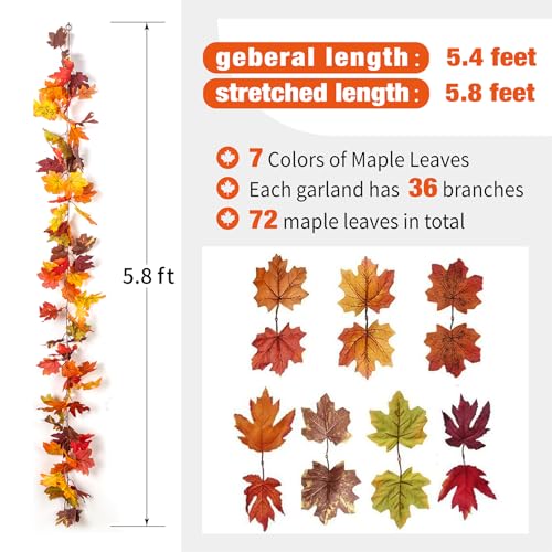 Artificial Fall Maple Leaf Garland with 40 LED String Lights, 2 Pack