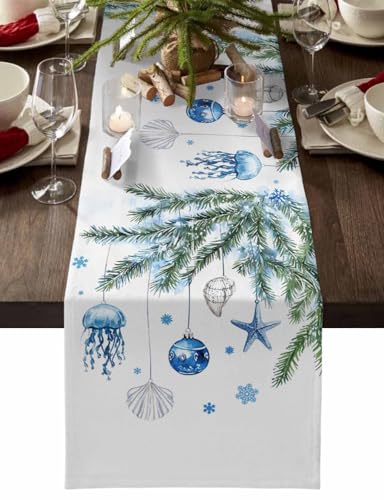 Dodgerblue 13 x 120 inch Blue Coastal Christmas Table Runner - Cotton-Linen Blend