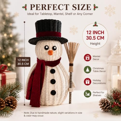 Leinuosen 12 Inch Rattan Snowman Woven Neutral Christmas Table Decor