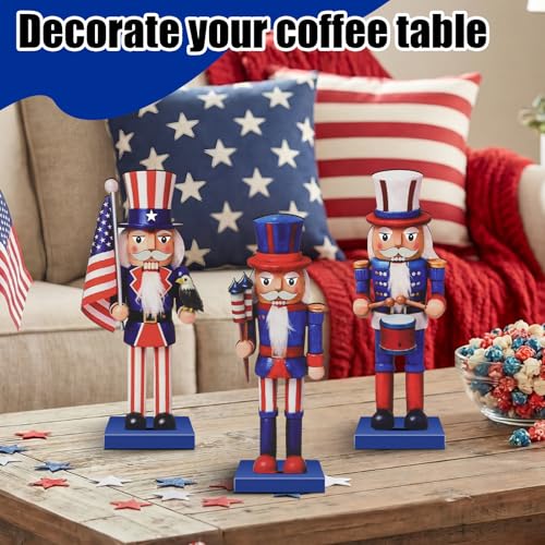 3-Piece Patriotic Wooden Nutcracker Figures - 7 Inch Red & Blue Tabletop Decor