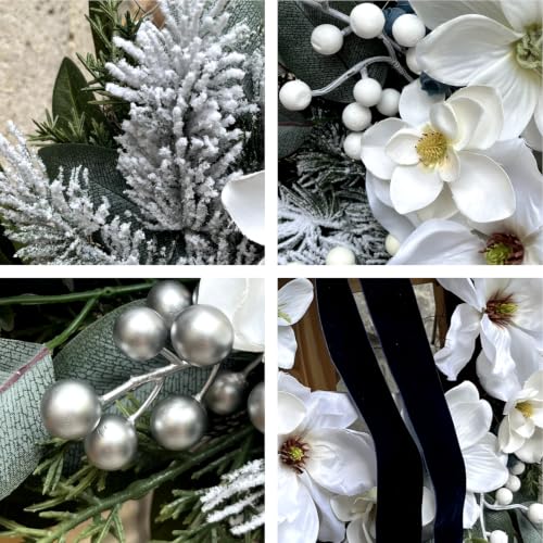 24 Inch White Magnolia Winter Wreath with Navy Ribbon & Silver Berries
