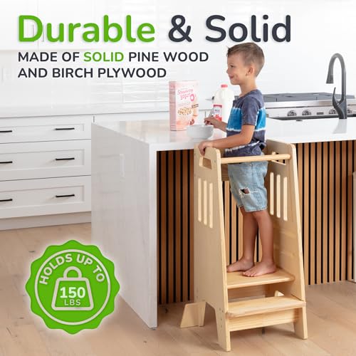 Adjustable Wooden Toddler Learning Tower with Safety Door & Non-Slip Steps