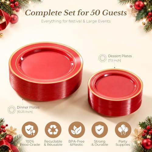 Red Plastic Dinner & Dessert Plates Set 100PCS with Gold Rim - Party Supplies
