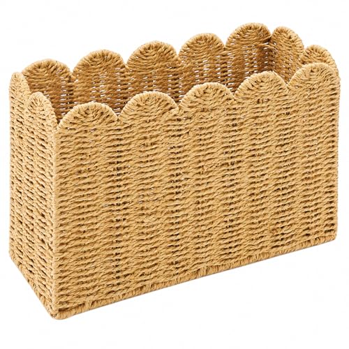 Tall Narrow Magazine Holder, Handwoven Scalloped Paper Rope Basket