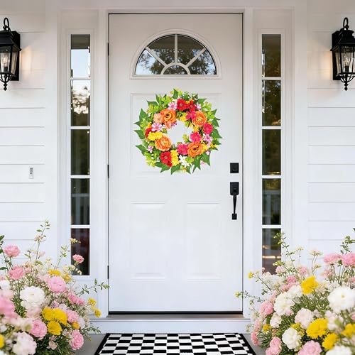 20-Inch Artificial Spring Floral Wreath with Orange Rose-Style Blooms