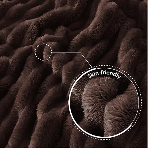 Exclusivo Mezcla Queen Size Striped Fleece Blanket - Coffee 90x90 in, Soft Cozy Bed Throw