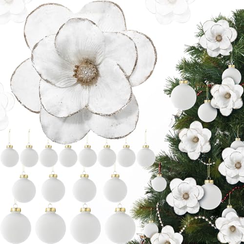 Outus White Velvet Christmas Tree Decorations Set with Glitter Magnolia Flowers & Ornaments