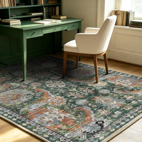 Washable Vintage Tribal Area Rug 5x7 - Non-Slip Low-Pile Green Rug