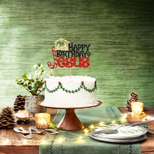 Ephlyn 1Pcs Happy Birthday Jesus Cake Topper - Glitter Nativity Theme (Black Red-7)