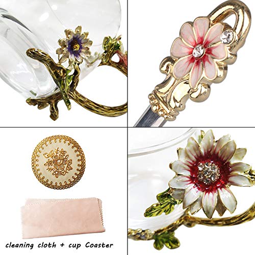 11oz Enamel Sunflower Crystal Lead-Free Glass Tea Cup & Spoon Set – Perfect Gift for Christmas & Valentine's Day