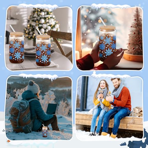 Yetene 24 Pack Snowflake Color Changing Glass Tumblers with Lids & Straws - Winter Holiday Drinkware