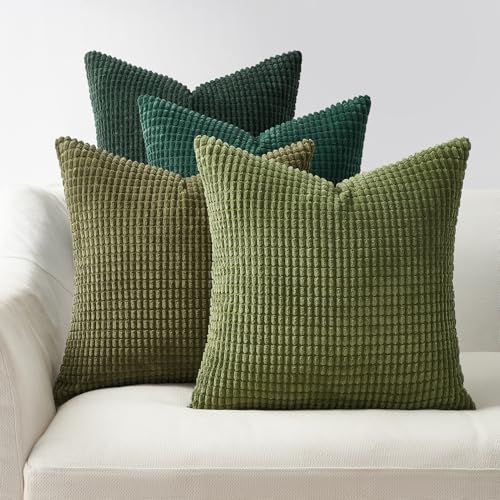 Green Christmas Holiday Throw Pillow Covers Set of 4 18x18 Inch - Corduroy Decorative Cushion Cases for Couch & Living Room