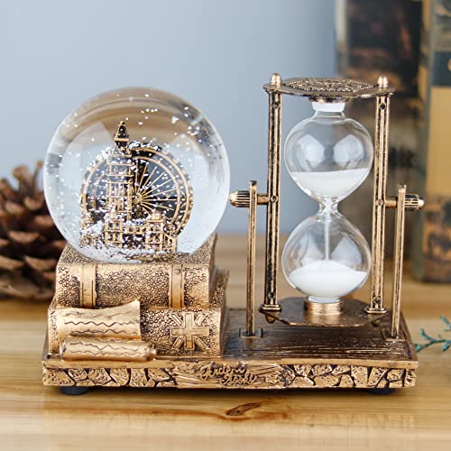 LED Crystal Snow Globe Hourglass with Brass Ferris Wheel Table Decor