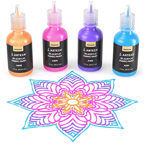 ARTEZA Fabric Paint, Set of 30, Permanent 3D Paint, Glow-in-the-Dark, Glitter, Neon, and Metallic Hues, Paint for Textiles, Canvas, and Wood