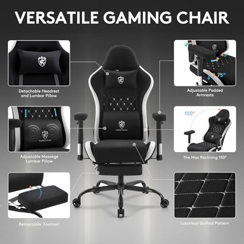 Ergonomic Fabric Gaming Chair with Footrest, Massage Lumbar & Gel Cushion