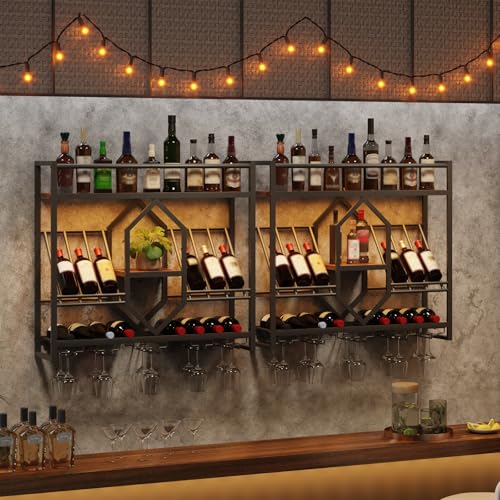 31.5" Wall Mounted Wine Rack with LED Lights and Glass Holder