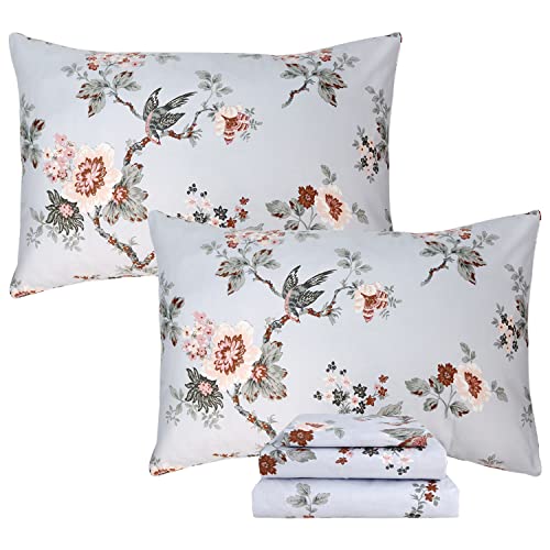 100% Cotton Twin XL Sheet Set - Vintage Floral & Bird Print (4-Piece)