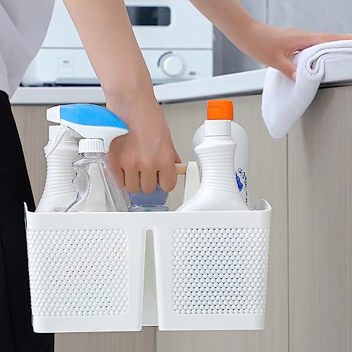 Rejomiik Portable Plastic Shower Caddy Basket with Wood Handle, White