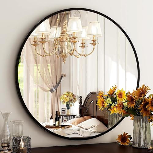30-Inch Round Wall Mirror with Black Aluminum Alloy Frame