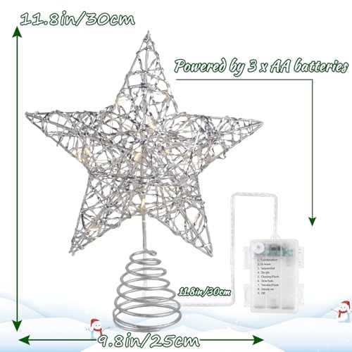 AUMAYCO Silver Star Tree Topper 20 LED Lights Christmas Decoration, Remote Control, 11.8 x 9.5 Inch