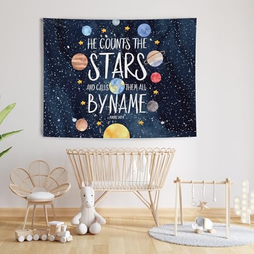 Space Solar System Christian Tapestry Wall Hanging, Flannel Decor, 50x60 Inch