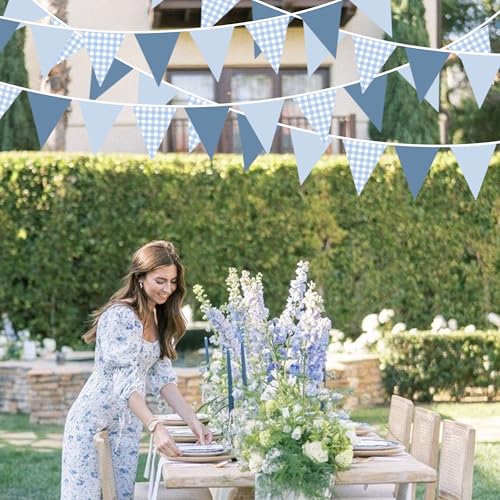 32ft Dusty Blue Gingham Fabric Pennant Banner - Reusable Triangle Flag Garland