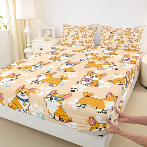 Homewish Wws9405 Full Corgi Sheet Set - Kids Cartoon Dog Paw Bedding, 4pcs