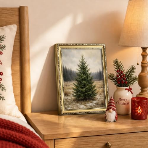 A-Tree Framed 10x8 Vintage Gold Christmas Tree Wall Art — Rustic Winter Canvas Print
