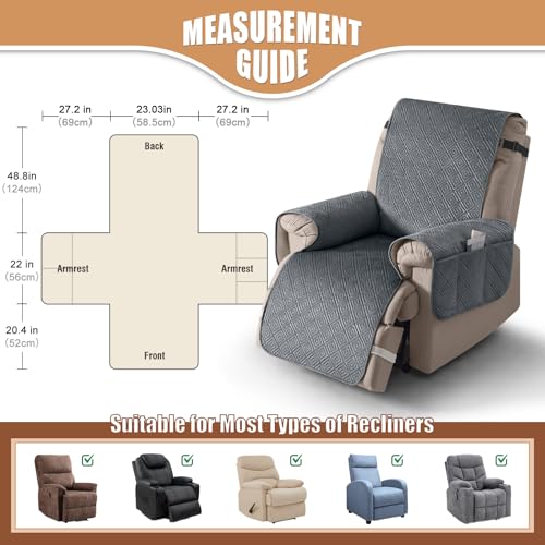 Waterproof Recliner Covers - Washable Stretch Slipcovers, Gray - 23"
